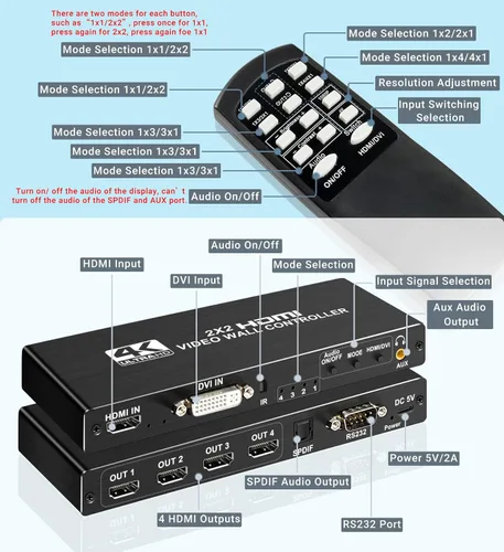 Miniatura 6 de avedio Links Controlador de pared de video HDMI 2x2 4K, 1080P @60Hz HDMI DVI TV procesador de pared con salida de audio, 4 pantallas de TV en 1
