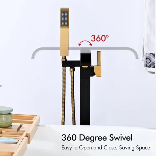 Miniatura 4 de BAGNOLUX Grifo de Bañera de Latón Macizo de Montaje en Piso Grifo de Bañera Independiente Llenador de Bañera Independiente Negro Dorado Alto Caudal