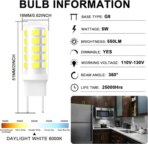 Miniatura 7 de Bombilla LED G8 regulable, bombilla de microondas de 120V 50W de repuesto para campana extractora de microondas GE, bombilla de luz para cocina