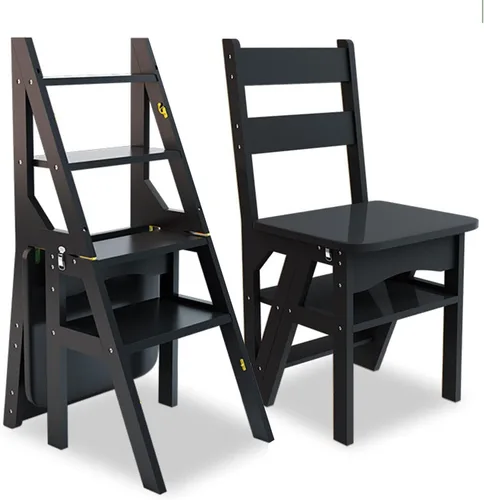 Miniatura 10 de Escalera plegable de 4 niveles, silla plegable de madera 3 en 1, taburete portátil multifunción con capacidad de 198 libras, estante de exhibición