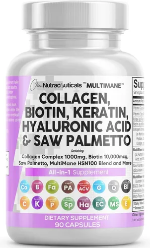 Clean Nutraceuticals Píldoras de Colágeno 1000mg Biotina 10 000 mcg Queratina Serenoa Ácido Hialurónico - Vitaminas para el Cabello, la Piel y las