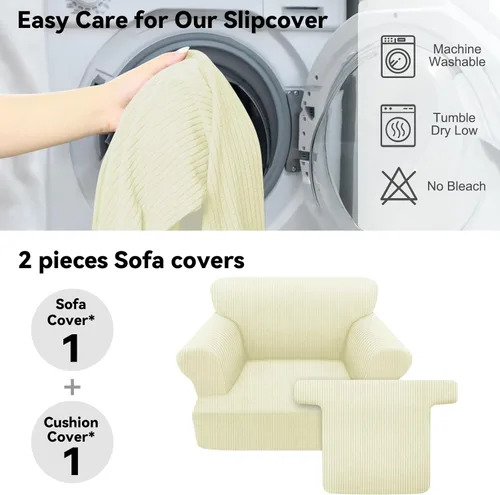 Miniatura 5 de Funda impermeable para silla con brazos, juego de 2 piezas, funda a rayas para 1 sofá separado con cojín en T, fundas de sillón de tela