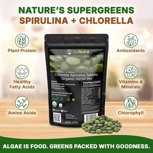 Miniatura 3 de Go Nutra Comprimidos orgánicos de espirulina Chlorella mezcla 50/50 Superalimento denso en nutrientes – Proteína vegana, clorofila, enzimas 500