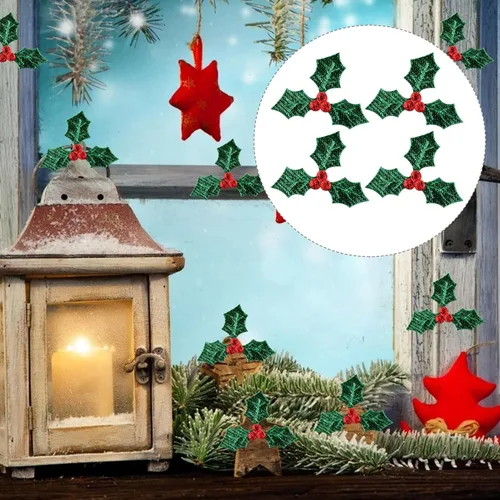 Miniatura 5 de EXCEART 100 piezas de bayas de acebo artificiales con hojas verdes de Navidad, ramas de baya de acebo, accesorios de decoración para bricolaje