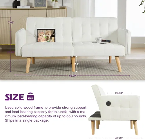 Miniatura 3 de TYBOATLE Sofá Cama Futon Plegable Convertible Tapizado en Cuero Sintético Blanco Moderno con USB, Sofá de 65", Muebles Sillones de Dos Plazas