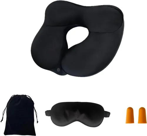 Jron Almohada inflable de viaje de terciopelo suave, tamaño portátil, lavable, para tren, coche, oficina, avión, dormir (negro)
