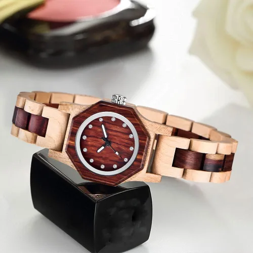 Miniatura 3 de Reloj de madera para mujer con correa de madera de cuarzo, analógico, colorido, relojes de madera de bambú para mujer, BS-WM01-MADERA