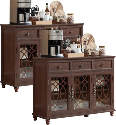 Miniatura 26 de Joaxswe Aparador de estilo rústico con almacenamiento, credenza grande de 59 pulgadas con 4 puertas de vidrio y 2 cajones, estantes ajustables, mesa
