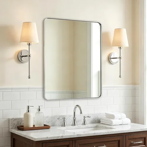 Miniatura 3 de ANDY STAR Espejo cromado para baño, espejo de pared con marco de metal de 22 x 30 pulgadas, espejo rectangular de acero inoxidable con esquina
