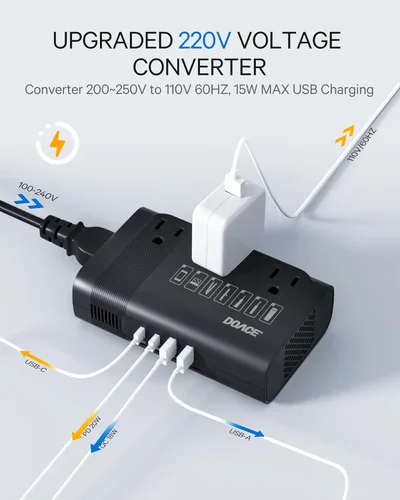 Miniatura 4 de DOACE Convertidor de voltaje de 350 W de EE. UU. a Europa - Convertidor de 220 V a 110 V para viajes europeos, combo de adaptador de corriente