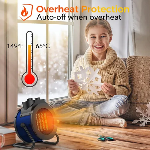 Miniatura 5 de Calentador de ambiente eléctrico de 1500 W con ángulo ajustable de 90°, protección contra sobrecalentamiento, calentador para garaje, oficina, uso