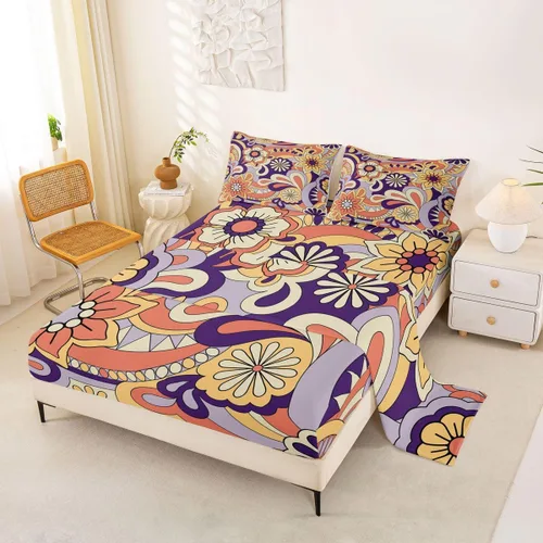 Miniatura 9 de Feelyou Juego de sábanas Groovy de los años 60 y 70 para niños, diseño retro de flores hippie con bolsillo profundo, sábana bajera vintage, bohemio