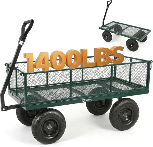 Miniatura 14 de Sekey Carrito de jardín de malla de acero de 600 libras para patio y patio trasero, carro utilitario con lados extraíbles (cama plana convertible)