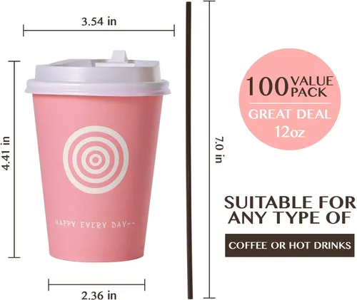 Miniatura 2 de JollyPack Paquete de 100 tazas de papel para café de 12 onzas con tapas y agitadores en rosa y verde. Ideal para café, jugo, té, uso doméstico