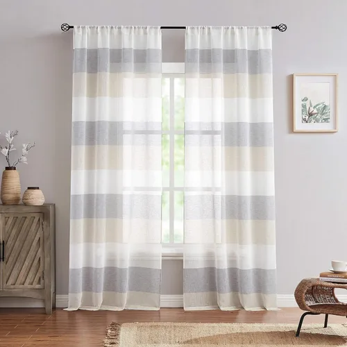 Miniatura 9 de Vision Home Cortinas traslúcidas a rayas color gris y azul ahumado, paneles de ventana rústicas de lino de 63 pulgadas de largo, cortinas rústicas