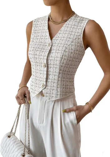 Miniatura 3 de SweatyRocks Chaqueta elegante con estampado a cuadros sin mangas con cuello en V y botones para mujer
