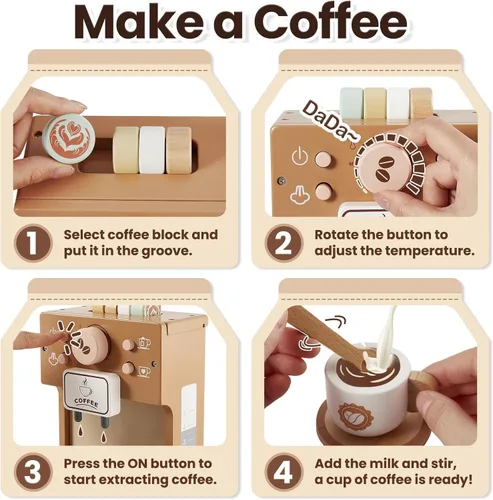 Miniatura 2 de BUYGER Cafetera de juguete para niños, juego de café de madera, juego de juegos de simulación, accesorios de cocina, regalos para niños de 3, 4 y 5