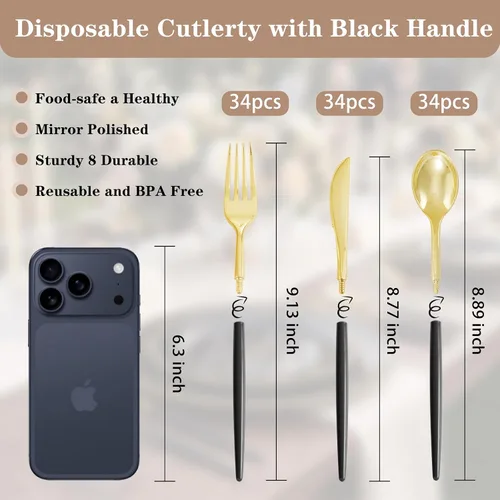 Miniatura 3 de Supernal 102 cubiertos de plástico dorados, cubiertos dorados con mango negro, colección de cubiertos desechables, incluye 34 tenedores de plástico