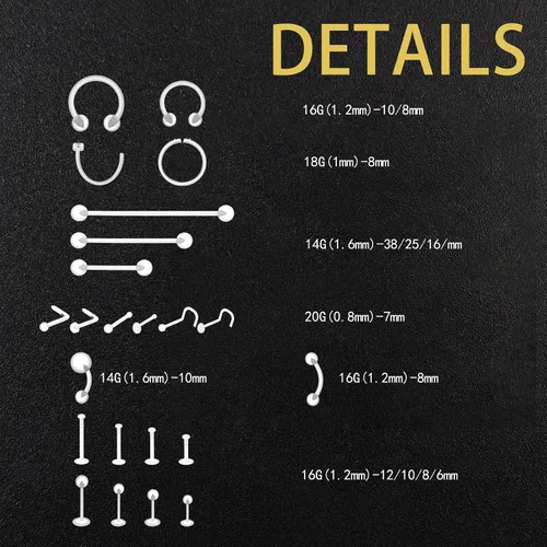Miniatura 4 de 60 piezas de retenedores de piercing transparentes para cirugía de plástico bioflex para joyería de piercing para nariz, ombligo, pezón, lengua