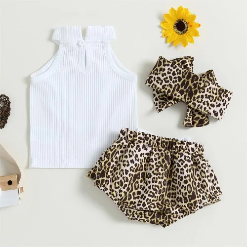 Miniatura 3 de Conjunto de 2 piezas para bebé recién nacida con estampado de leopardo, camiseta sin mangas con estampado de corazón+pantalones cortos tutú
