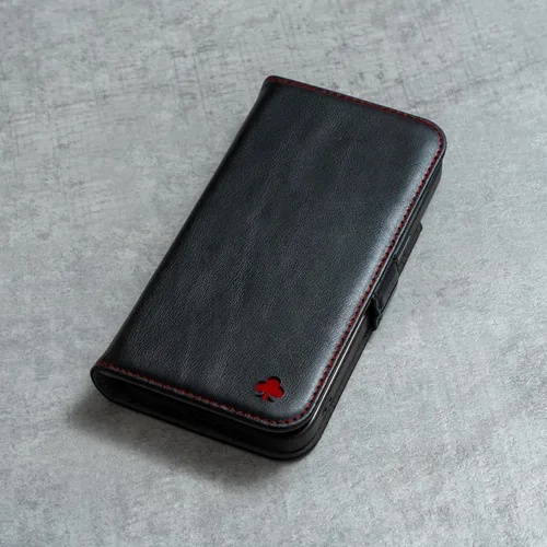 Miniatura 6 de Porter Riley - Funda de cuero para iPhone 13 (6.1 pulgadas). Funda de piel auténtica de primera calidad con ranuras para tarjetas, soporte Negro/Rojo