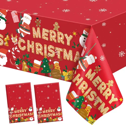 Miniatura 16 de Mantel de Navidad, 2 piezas de mantel desechable de plástico rojo, mantel de 54 x 108 pulgadas para decoraciones de Navidad, mantel de árbol