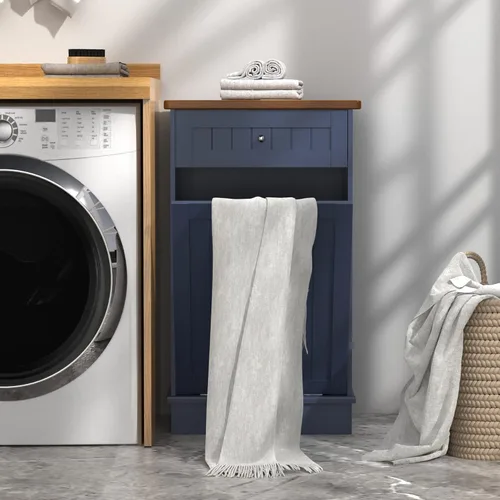 Miniatura 7 de TOLEAD - Gabinete de basura extraíble, isla de cocina estilo antiguo con tablero de perlas, superficie de madera maciza y cajón, gabinete de Azul