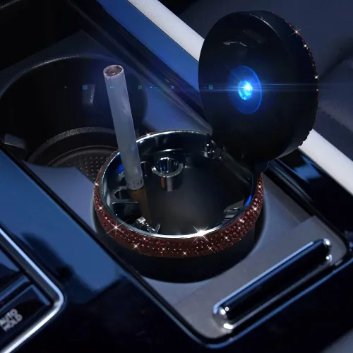 Miniatura 6 de SAVORI Cenicero de automóvil para mujeres y hombres, portavasos, portátil, sin humo, con indicador de luz LED azul, accesorios para automóvil (rosa)