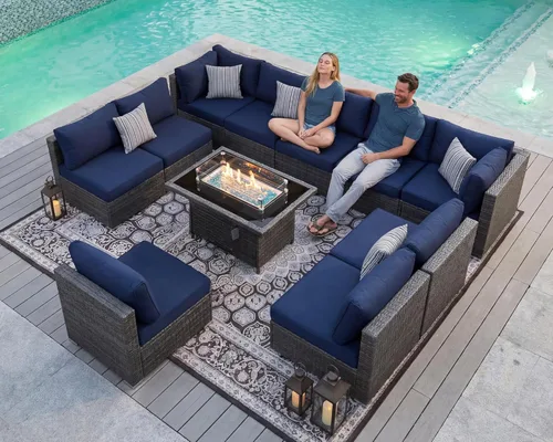 Miniatura 45 de BULEXYARD Juego de 7 piezas de sofá seccional para exteriores con respaldo alto, mesa para fogatas, juego de muebles de patio de mimbre resistente a