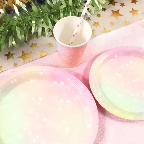 Miniatura 6 de Recheel Suministros de decoración para fiesta de cumpleaños de pastel, juego de platos de papel y servilletas de temática arcoíris con vasos