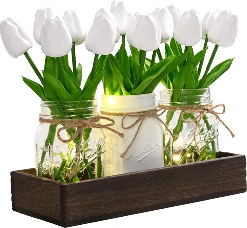 Miniatura 9 de BLEUM CADE Decoración de mesa de centro de mesa, 3 piezas de flores artificiales de hortensias en frascos Mason con bandeja de madera para mesa