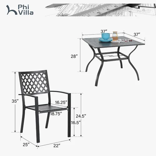Miniatura 8 de PHI VILLA Juego de comedor de patio de 5 piezas para 4, mesa cuadrada de 37 pulgadas y sillas apilables de hierro, juego de muebles grandes