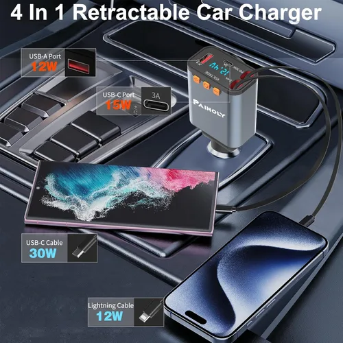 Miniatura 4 de Adaptador Bluetooth 5.3 para automóvil, transmisor FM cargador de coche Bluetooth, cargador de coche retráctil 4 en 1, adaptador de carga rápida USB