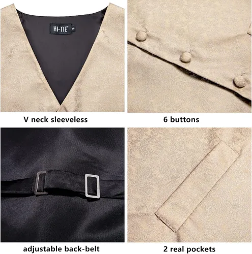 Miniatura 4 de Hi-Tie Juego de 5 piezas de chaleco con corbata de pañuelo de solapa, conjunto de chaleco de seda jacquard formal para esmoquin S-3XL