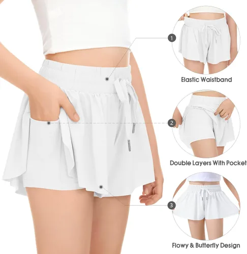 Miniatura 3 de Paquete de 2 pantalones cortos de mariposa para niños y niñas, pantalones cortos holgados con bolsillo 2 en 1, pantalones cortos deportivos