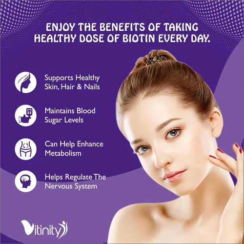 Miniatura 4 de VITINITY Biotin 10000 Mcg Extra Strength Vegetarian (Vitamina B) Suplemento sin azúcar - Apoya el cabello y la piel más saludables - Mujeres