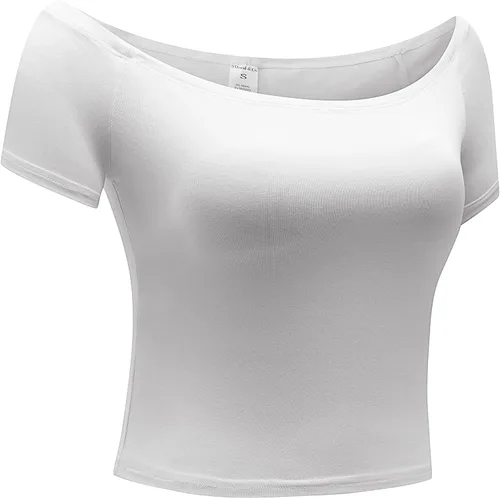 Miniatura 3 de OThread & Co. Blusa corta de manga corta con hombros descubiertos para mujer, cómoda, básica, con capa elástica