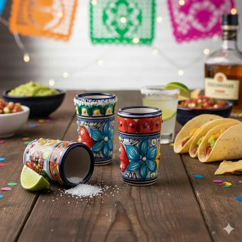 Miniatura 3 de Juego de 4 vasos de chupito Talavera auténticos mexicanos para tequila - Pintados a mano - 2 Oz (Talavera colorida)