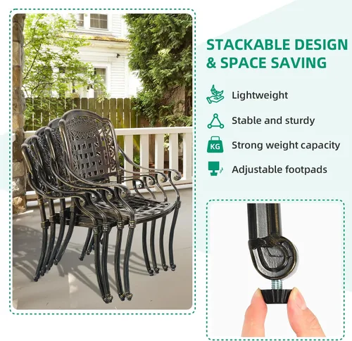 Miniatura 7 de VIVIJASON 2 sillas de aluminio fundido para exteriores, reposabrazos de patio, sillas de comedor para jardín, piscina, patio trasero, bronce antiguo