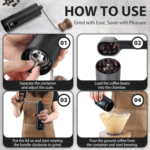 Miniatura 7 de SUNYA Molinillo de café manual con rebabas cónicas de acero inoxidable. Molino de grano de café de mano de carcasa de aluminio con ajustes MCG-02