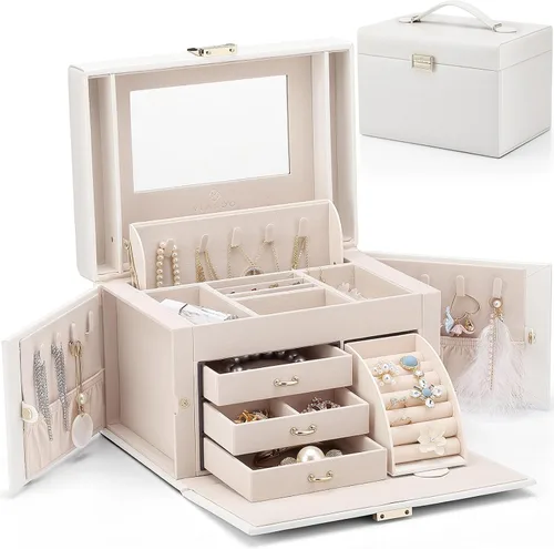 Miniatura 61 de Vlando Joyero de piel sintética, organizador mediano de joyería, regalo vintage para mujer, patrón de cruz rosa