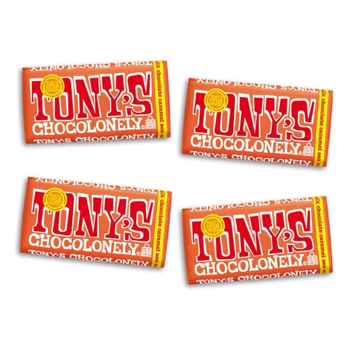 Tony's Chocolonely Barra de chocolate con leche belga con caramelo y sal marina, barras de chocolate para aperitivos, recuerdos de fiesta o regalos,