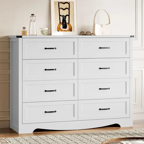 Miniatura 17 de BORNOON - Cómoda de 7 cajones para dormitorio, cómoda de madera moderna con manijas de metal, diseño antivuelco, organizador de almacenamiento Blanco