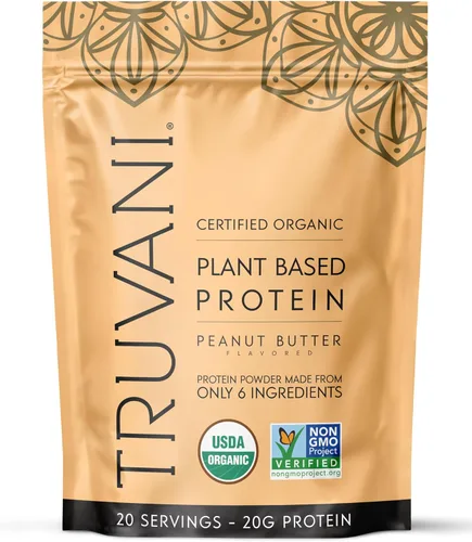 Truvani Proteína vegana de guisantes en polvo, mantequilla de maní, 0.71 oz de proteína orgánica a base de plantas, 20 porciones, ceto, sin gluten y