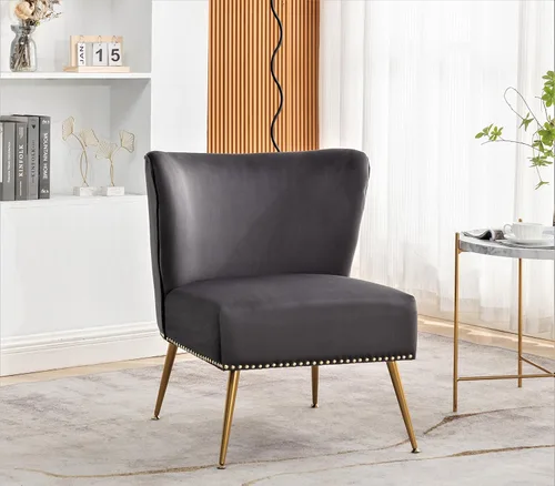 Miniatura 12 de Container Furniture Direct Thia Silla decorativa de terciopelo sin brazos para sala de estar, elegante asiento con ribete de cabeza de clavo, patas