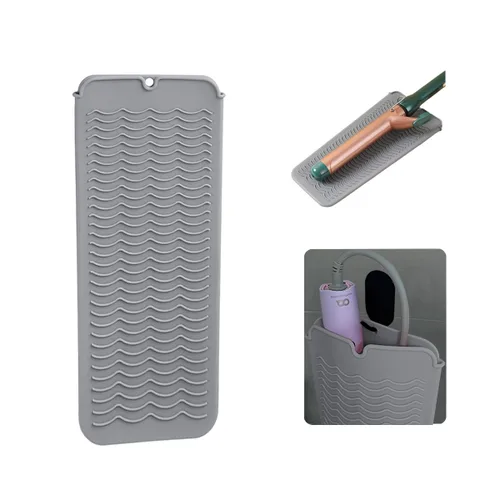 Alfombrilla de silicona resistente al calor con agujero para colgar, alfombrilla de viaje y bolsa resistente al calor para rizador, plancha Gris
