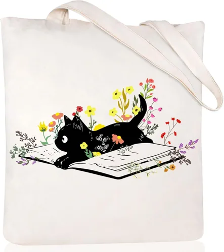 Miniatura 20 de Andeiltech - Bolsa de lona para mujer, con diseño de gato bonito y estética, bolsas reutilizables para compras y comestibles, con bolsillo