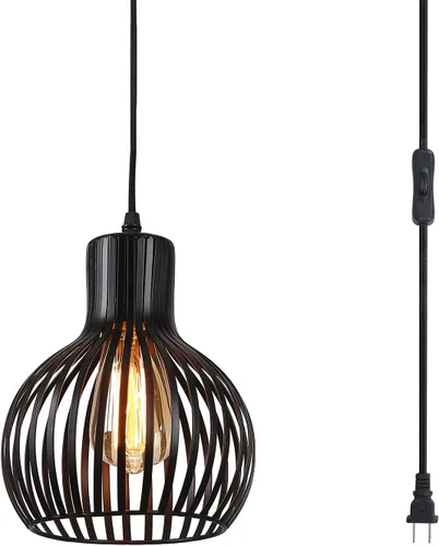 Miniatura 9 de Lámpara colgante con enchufe, lámpara colgante industrial de metal dorado vintage con cable de 14.3 pies e interruptor de encendido/apagado
