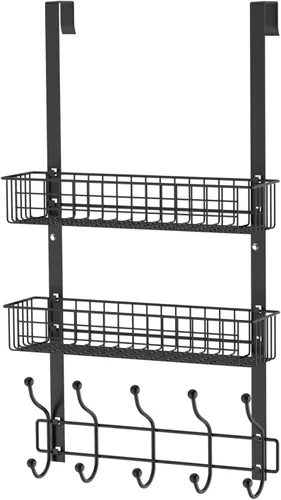 Miniatura 10 de Perchero, colgador sobre la puerta con cesta de malla, estante de almacenamiento desmontable para toallas, sombreros, bolsos, abrigos (negro)
