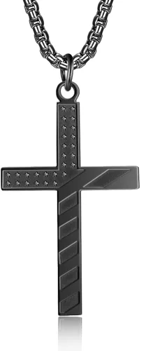 AIAINAGI Collar de cruz con bandera estadounidense, joyería patriótica de acero inoxidable, grabado religioso filipenses 413, colgante de regalo